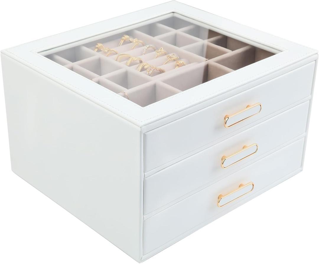 Jewelry Box Organizer with Glass Lids 3 Layer Jewelry Storage Case PU leather Jewelry Boxes for Woomen Suitable for Storing Rings Necklaces Earrings, Bracelets Gift Box for Girls (White)