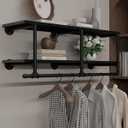 Wall Mounted Clothes Rack 12 Inch Deep, 42in Heavy Duty Garment Rack with Real Black Wood Shelf, Multi-Purpose Hanging Rod & Space-Saving Closet Storage Organizer, Black 