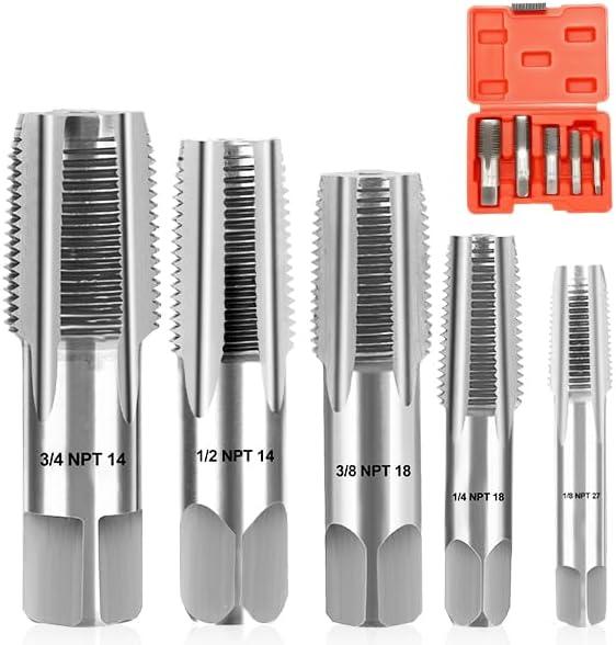 5-Piece NPT Pipe Tap Set, 1/8", 3/4", 1/2", 3/8", 1/4" Precision Carbon Steel NPT Tap Set, for Clean Accurate Threads, Assorted Plumbers Mechanics DIY Thread Cutting Tools