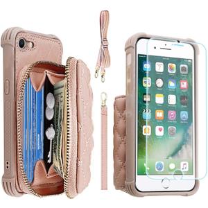 MONASAY Zipper Wallet Case Fit for iPhone SE 2022/2020/8/7, [Glass Screen Protector ][RFID Blocking] Flip Leather Handbag Phone Cover with Card Holder & Crossbody Lanyard Strap, Rosegold