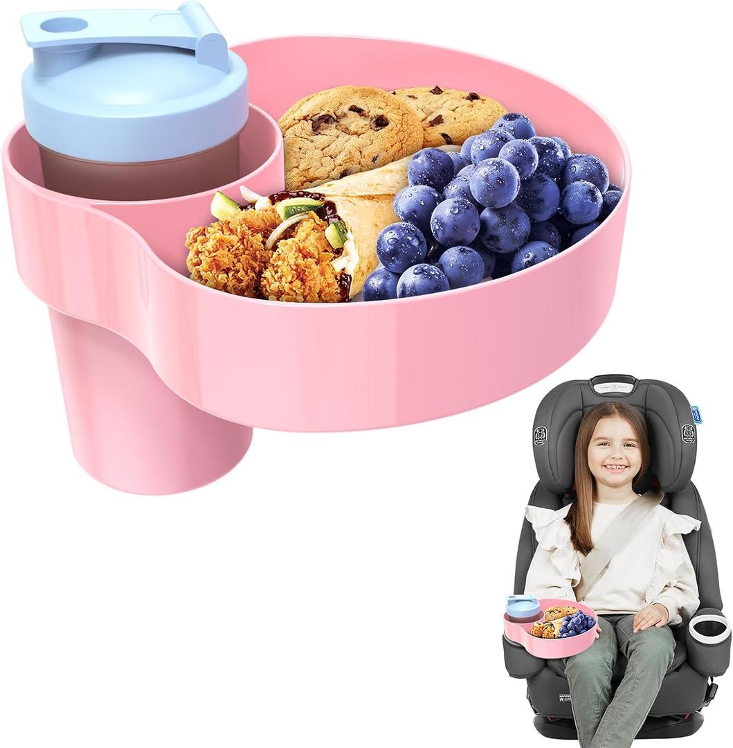 2PCS Resptasski Car Seat Cup Holder Snack Tray for Kids  Travel Tray for Car, Booster, Stroller, Outdoor Essentials Kit. Universal Adjustable Tray with Detachable Base for Snacks, Toys, Food (Pink)