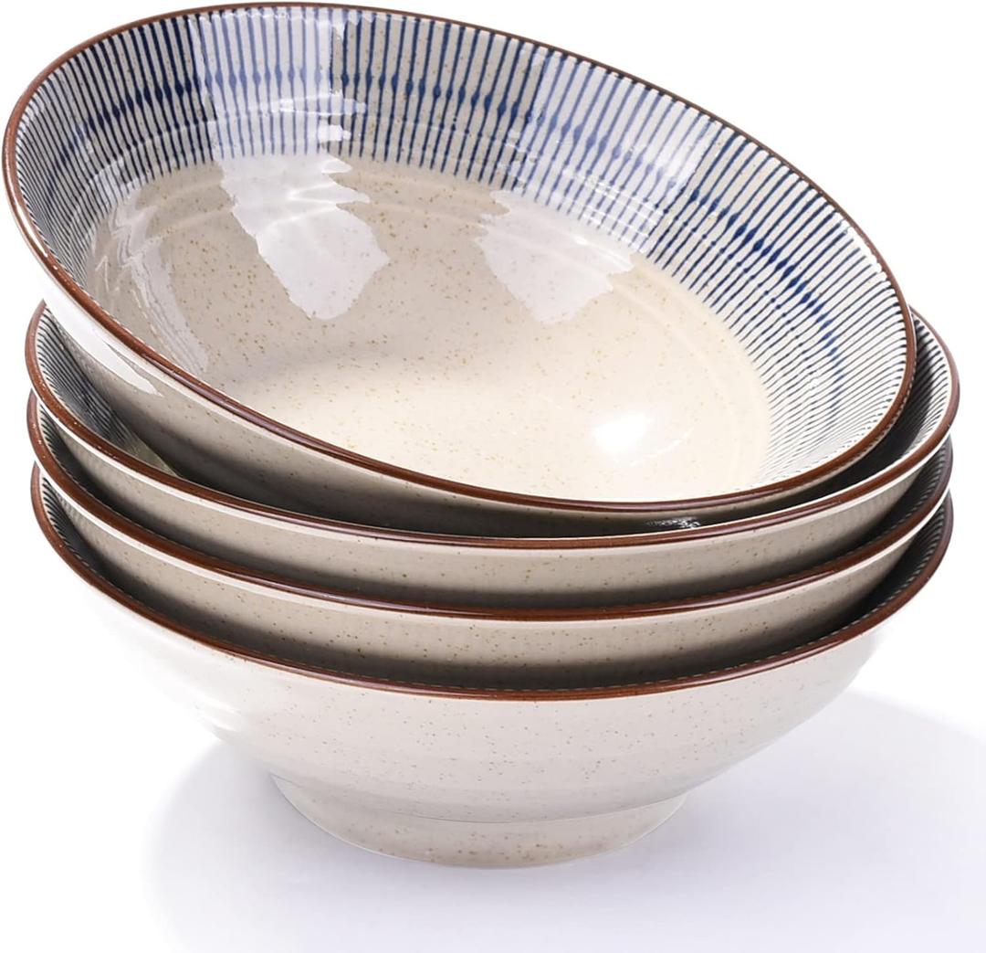 Ceramic Ramen Bowls Set of 4-7.3 Inch Large Soup Bowls for Pho, Udon & Noodle - 25oz Deep Serving Bowls with Blue Stripes & Speckled Texture, Microwave & Dishwasher Safe
