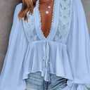 SweatyRocks Women's Lace Long Sleeve Peplum Top Tie Front Blouses V Neck Lantern Shirts, M