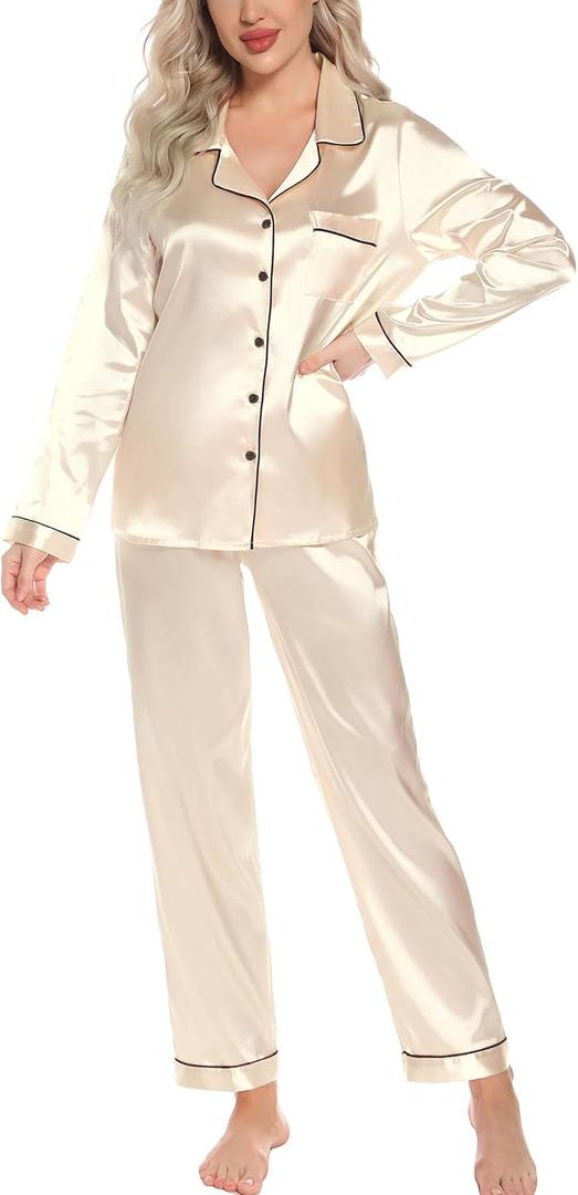 Leikar Silk Pajamas Long Sleeve Pajama Sets For Women Soft Button Down Pajamas Pj Set (Beige, S)
