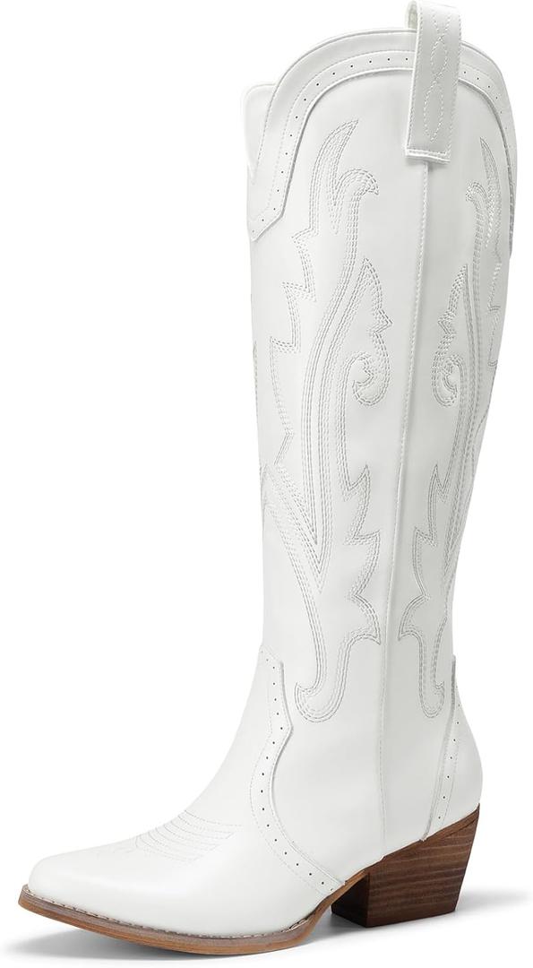 DREAM PAIRS Women's Embroidered Western Pull-On Knee-High Cowboy Boots (8.5, White)