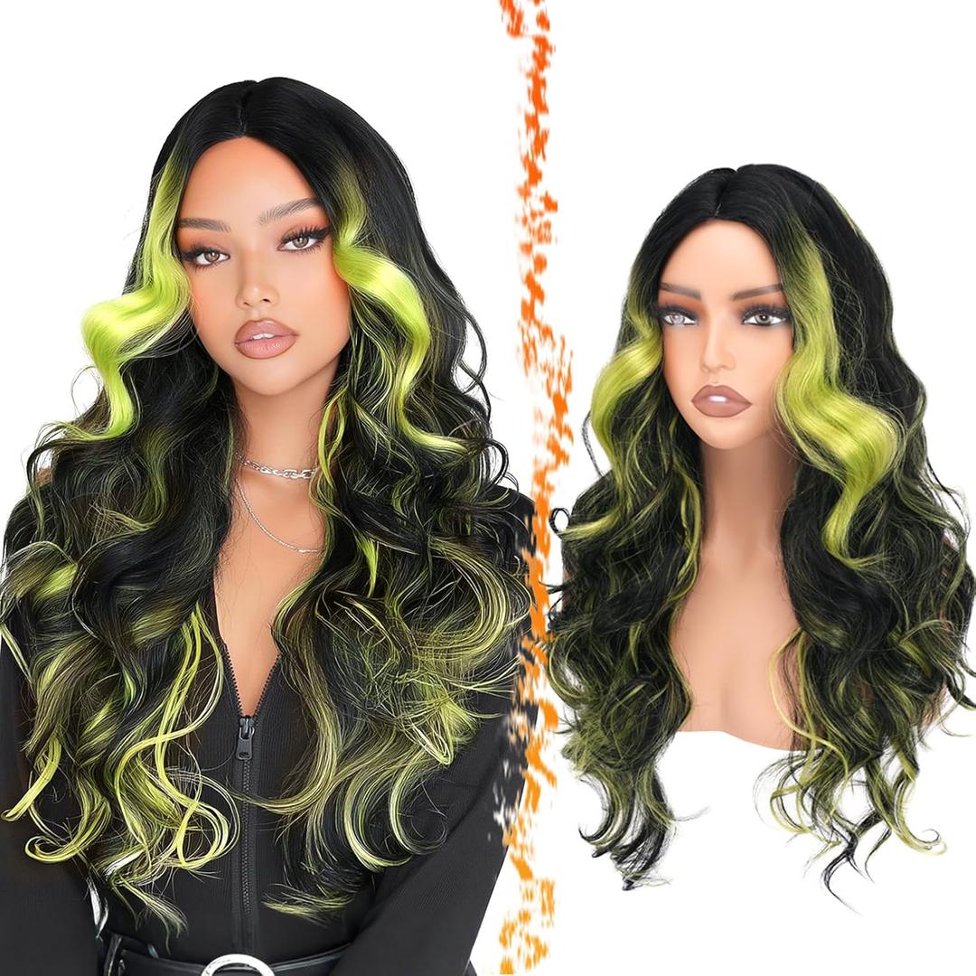 BARSDAR Black Green Highlight Long Wavy Wig with Curtain Bangs – 28 Inch Green Black Ombre Highlight Calico Wig for Women – Natural Looking Thick Soft Synthetic Wigs Party Halloween Gothic Costume