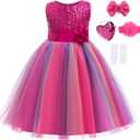 Little Girl's Sequin Sleeveless Mesh Rainbow Party Wedding Flower Dress with Accessories (8-9 Years)