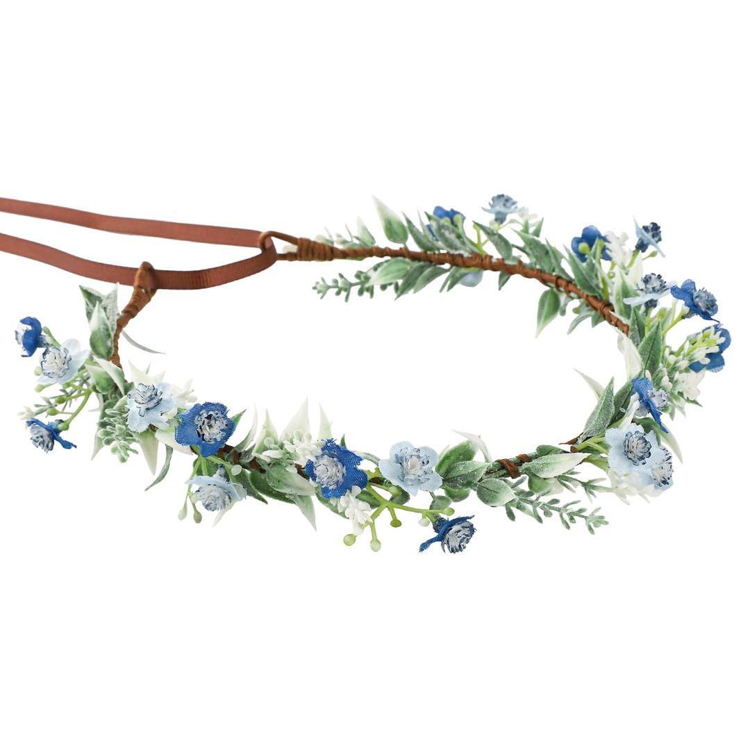 Handmade Blue Flower Crown Green Leaf Headdress for Women Girls Flower Headband Bridal Headpiece Fairy Wreath for Birthday Party Festival Cosplay
