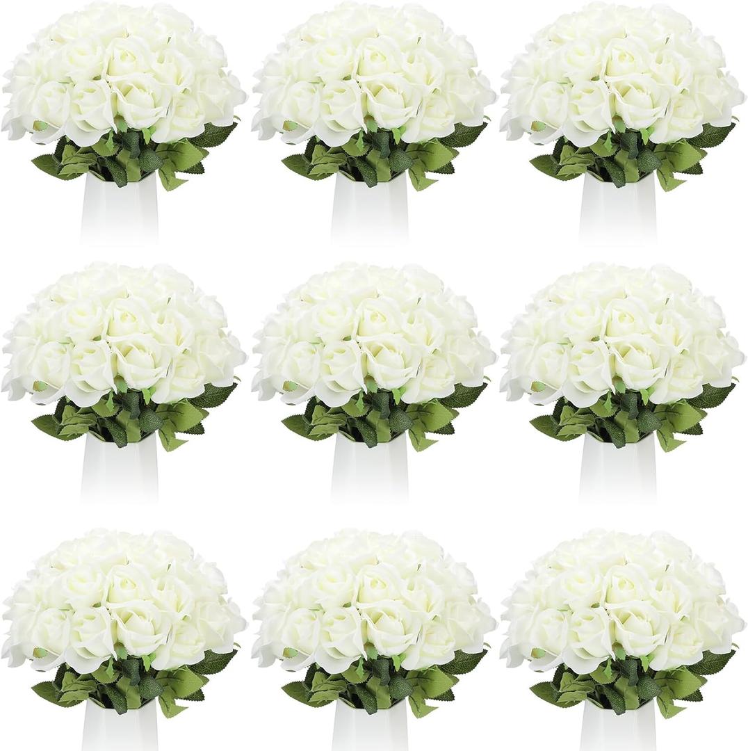 Jexine 100 Pieces Artificial Roses Flowers Bulk, Long Stem Realistic Fake Silk Roses Bouquet for Table Centerpiece Vases Wedding Party Kitchen Decor (Creamy White)