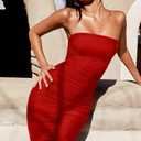 GOKATOSAU Women's Summer Strapless Mesh Bodycon Split Ruched Midi Party Dress Red (Red, L)