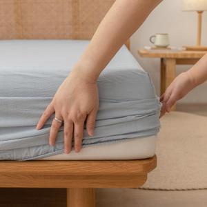 BESTOUCH Queen Fitted Bottom Sheet - 100% Washed Cotton Linen-Like, Deep Pocket Fits up to 17" Mattress, All Season Breathable, Softer with Every Wash Cornflower Blue