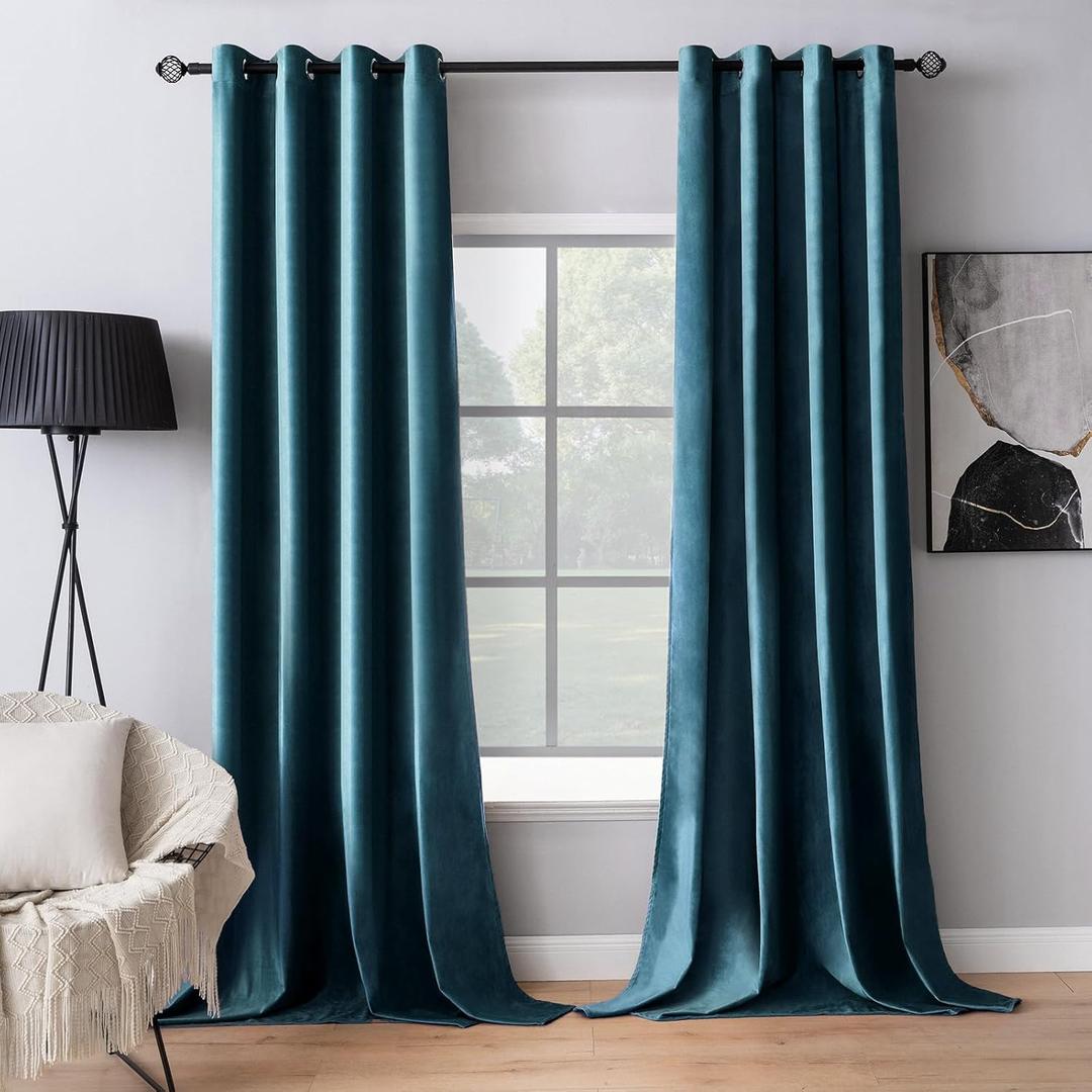 MIULEE Blue Velvet Curtains 84 Inches Length Blackout Curtains Thermal Insulated Soundproof Room Darkening Grommet Curtains/Drapes for Living Room Bedroom 52 x 84 Inch 2 Pcs Peacock Blue