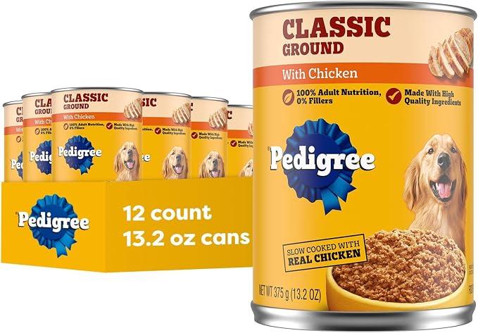 Pedigree Chopped Ground Dinner Wet Dog Food, Chicken, 13.2 oz, 12 Count 100% complete & balanced, slow cooked with real chicken, supports lean muscles, serve as topper or complete meal, (EXP 07/11/28)
