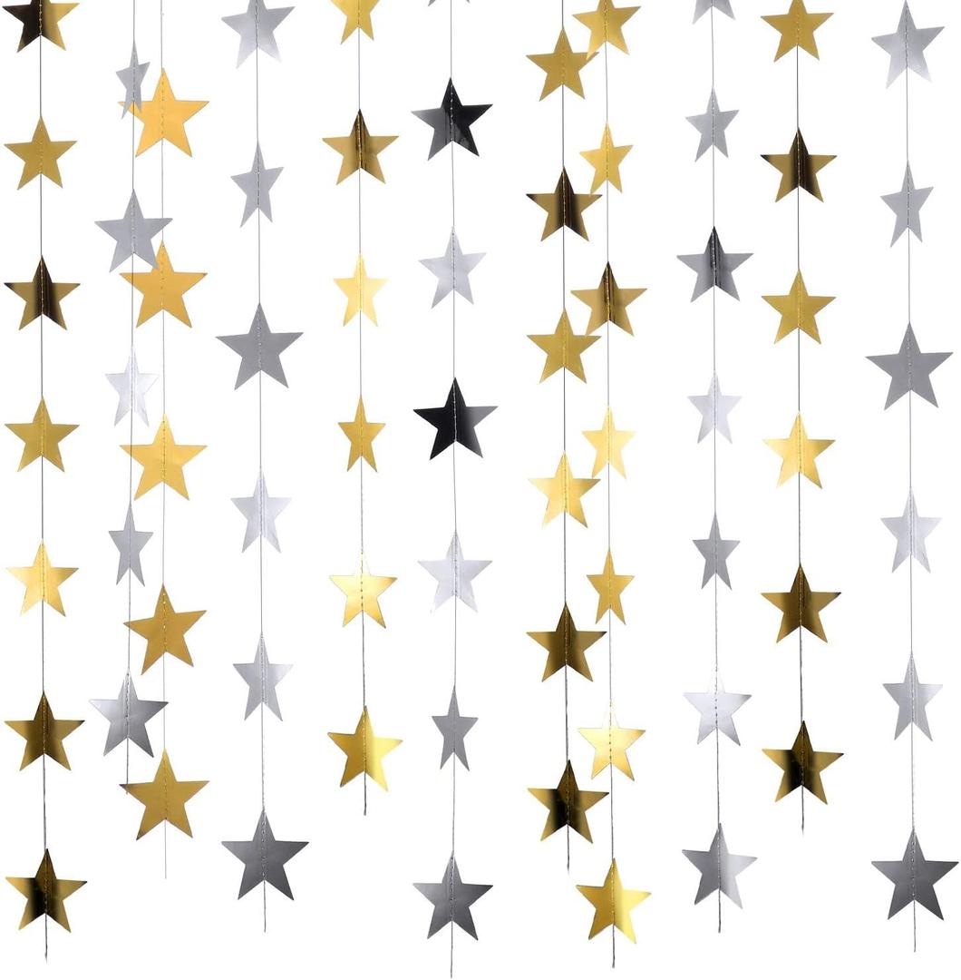 Patelai 130 Feet Glitter Star Garland Banner Decoration Hanging Star Decoration Gold Black Party Decorations for Graduation Wedding Birthday Festival Party Decor(Gold and Silver,10)