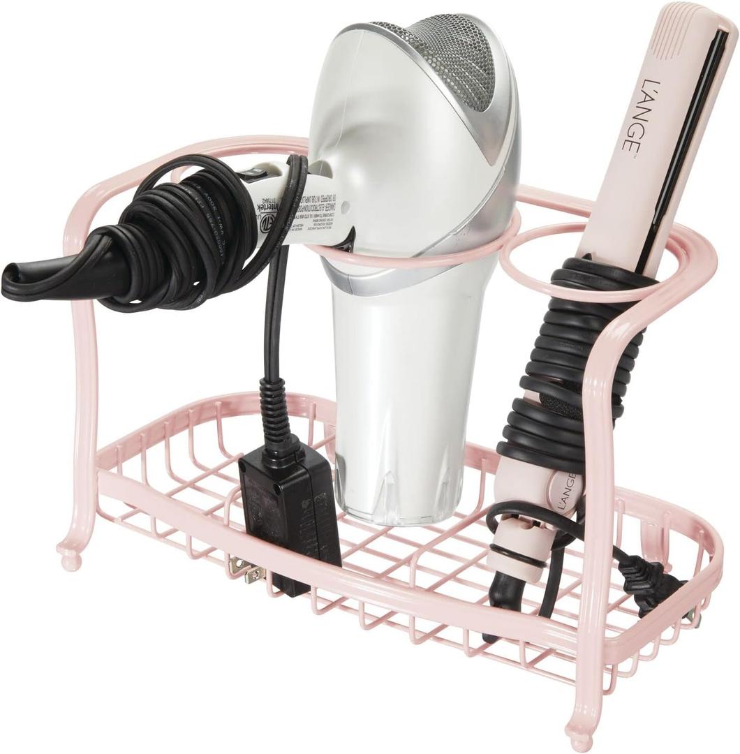 mDesign Metal Hair Care & Styling Tool Organizer Holder - 3 Sections - Bathroom Vanity Countertop Storage for Hair Dryer, Flat Irons, Curling Wands, Hair Straighteners - Light Pink/Blush