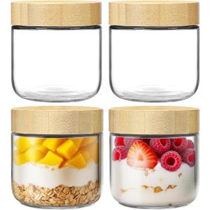 4 Pack 10oz Glass Jars with Bamboo Lids, Overnight Oats Containers with Airtight Lids, Storage Containers Wide Mouth Mason jars for Salad,Yogurt, Sugar, Snacks, Spices