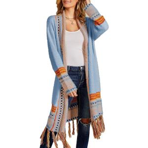 Misassy Womens Boho Open Front Long Cardigans Sweater Loose Long Sleeve Embroidery Tassels Kimono Duster Outwear (Large, Blue)