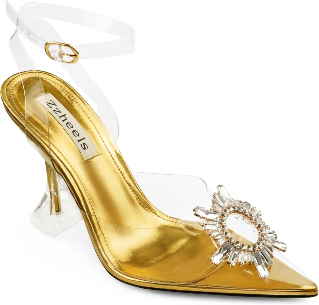 Zzheels Women's High Heel Crystal Slingback Pumps Pointed Toe Strappy Sandals for Party Dating (7.5, 3.74"gold)