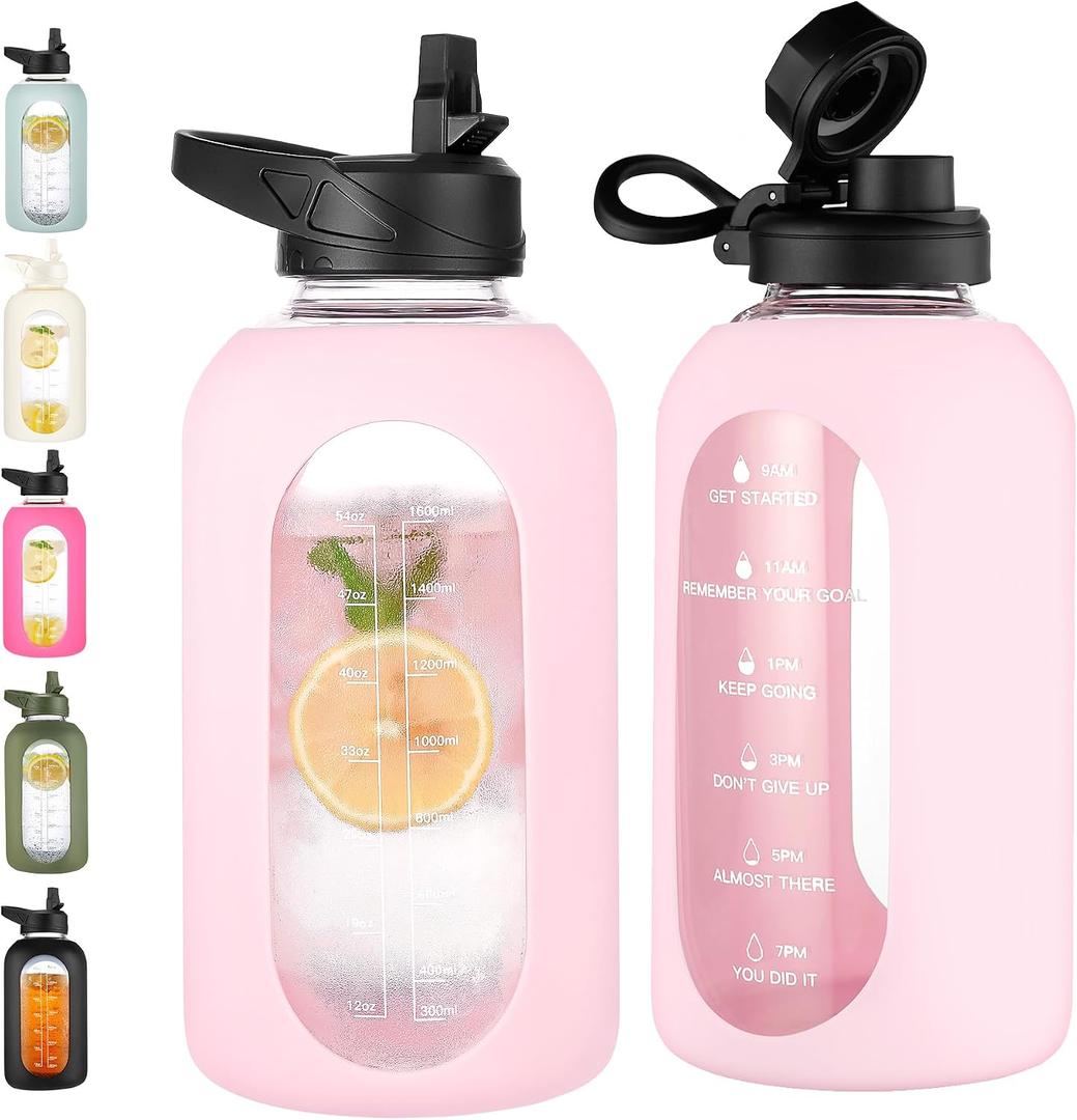 CIVAGO 64 oz Glass Water Bottle with Straw, Half Gallon Large Water Jug | Motivational, Time Marker, Leakproof Lids, Wide Mouth, Flask Cup with Handle and Silicone Sleeve, for Juices, Blush