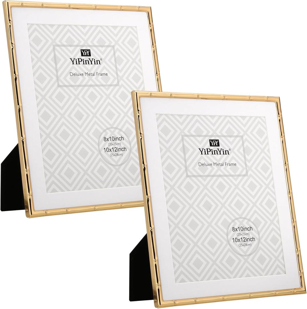 10x12'' Gold Metal Bamboo Detail Picture Frame with Acid Free Mat for 8x10'' Set of 2, Elegant Narrow Plated Photo Frames 5x7'' With Velvet Backing for Desktop and Wall Dcor (10X12 Mat 8X10 2PK, Dark Gold)
