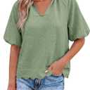 Tankaneo Womens Summer Puff Sleeve Tops V Neck Blouses Casual Tee Shirts (Green, M)