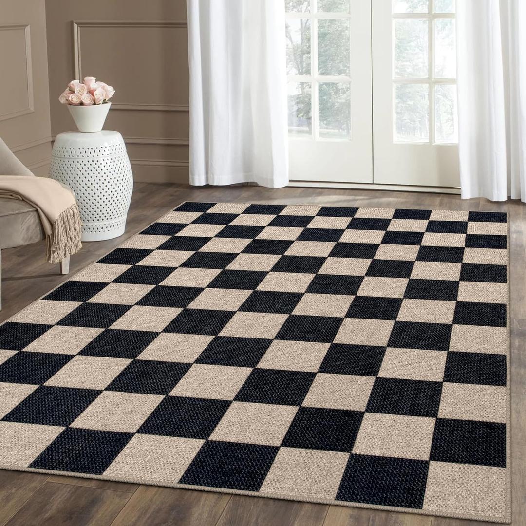 Lahome Checkered Easy Jute Area Rug, 5x7 Outdoor Patio Rug Washable Carpet for Living Room Checkerboard Indoor Outdoor Carpet, Farmhouse Geometric Non Slip Black Mat for Backyard Dining Room (4'11" x 6'11" (Rectangular))