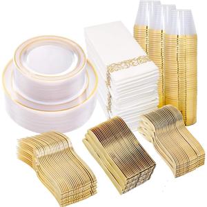 I00000 50 Guests Clear Gold Plastic Plates, Gold Disposable Dinnerware Set Includes: 100 Plastic Plates, 50 Silverware Set, 50 Disposable Cups, 50 Napkins Perfect for Party & Wedding