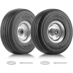 2 Pack 10" Solid PU Tires and Wheels, 4.10/3.50-4 Tire and Wheel Flat Free, Replacement Wheels for Garden Cart, Hand Truck, Wheelbarrows, etc (2 PACK, Raised Tread)