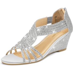 PIZZ ANNU Women's Diana Low Wedge Sandals Sparkly Rhinestone Open Toe Fashion Dress Shoes for Woman Lady in Bridal Dance Evening (7.5)