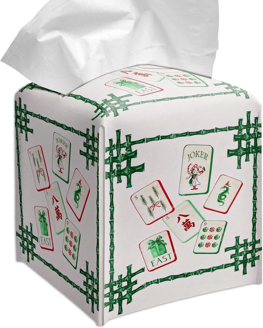 Grace Yonks Retro Tissue Box Cover Square - Mahjong Bamboo Tiles Design 5.2" PU Leather Holder for Vanity, Desk, or Bathroom Counter - Cube Case for Facial Tissues. (107)