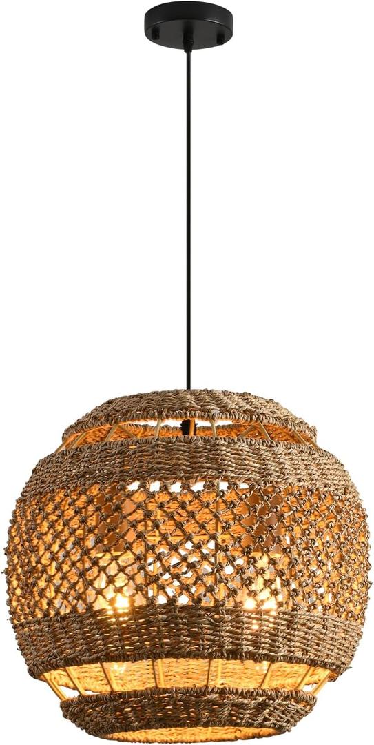 1-Pack 13.77 Rattan Pendant Light Fixture,2-Light Bohemian Handmade Woven Bamboo Wicker Suspension Farmhouse Chandelier for Kitchen Island Bedroom Living Room