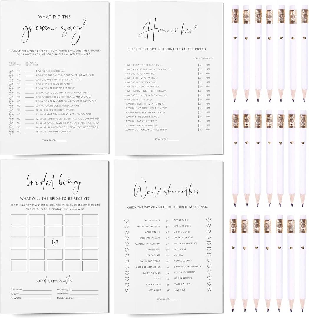 GardenCity Bridal Shower Games Bundle - 5 Bridal Shower Games and Pencils for 30 Guests, Double-Sided Cards, Minimalist