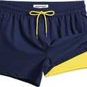 maamgic Mens Swim Trunks with Compression Liner Short Stretch Mens Bathing Suit Quick Dry Swimming Trunks Swimsuit (Navy Blue Yellow, Large)