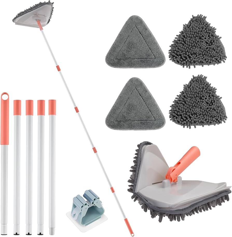 Wall Cleaner Triangle Mop with 82'' Long Handle - Wall Scrubber, Cleaning Washer Tool with 4 Microfiber Chenille Duster Pads for Clean Walls, Ceiling, Windows, Baseboards, Floors (Gray)