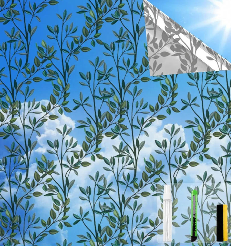 QHYsunshine One Way Privacy Film, Window Tint for Home,Daytime Reflective, Anti UV Static Cling Sliding Door Coverings No Glue Garage Solar Paper (Silver-Leaves, 45.27 x 157.4 in)