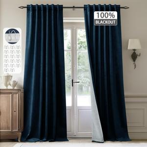 StangH Blackout Velvet Curtains 96 inches Long Luxury Navy Blue Thick Thermal Insulated Drapes Back Tab Hook Belt Liner Privacy Panels for Living Dining Room, W52 x L96, 2 Panels
