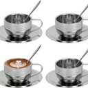 4 Pack 6 oz Coffee Cups Set, Stainless Steel Espresso Cups with Saucers and Spoons, Handle Drinkware for Latte, Cappuccino, Milk, or Tea (Silver)