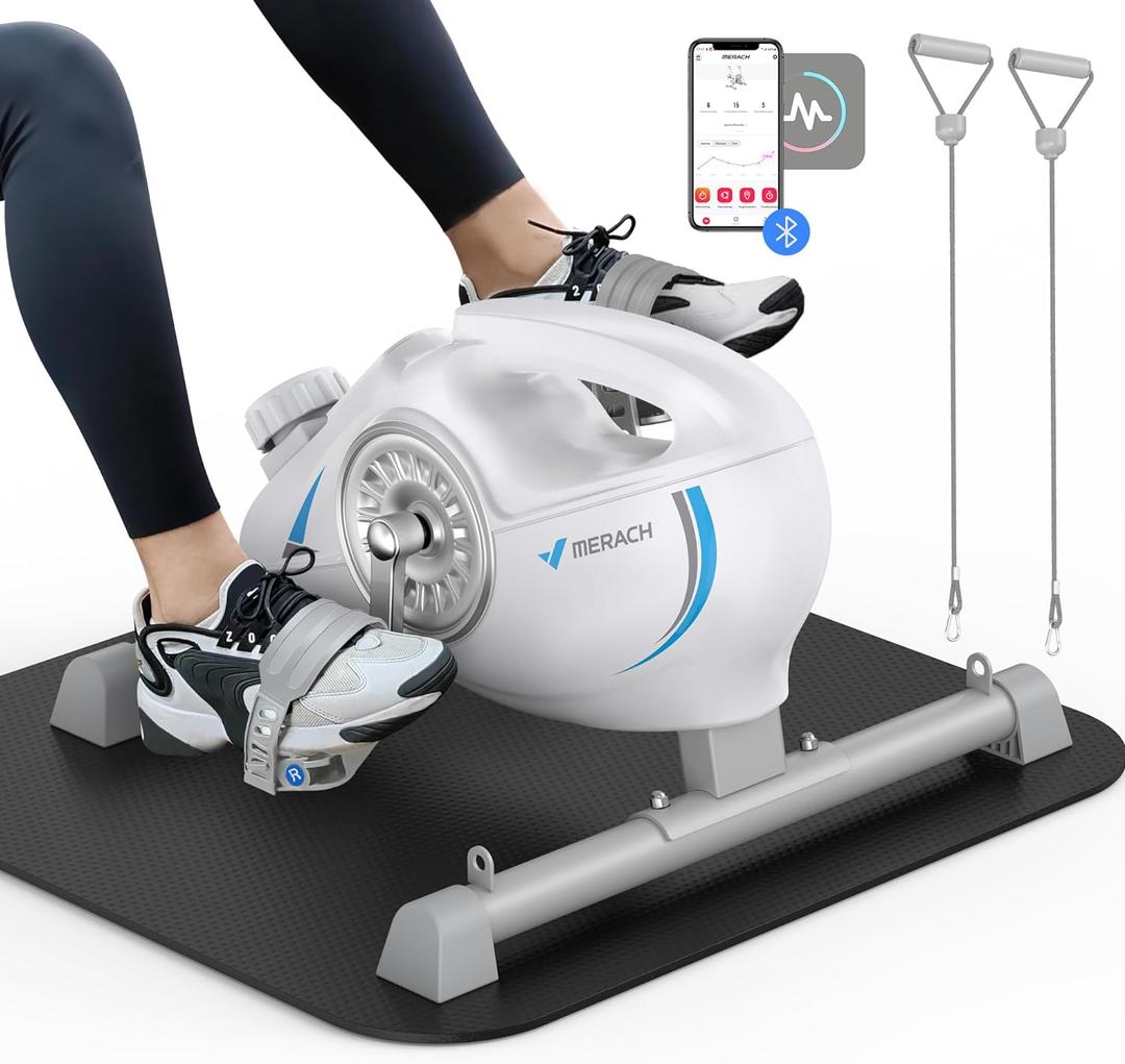 Under Desk Bike Pedal Exerciser, Quiet Magnetic Mini Exercise Bike with MERACH App for Arm, Leg Recovery, Physical Therapy, Smooth Foot Desk Cycle with 2 Resistance Bands & Non-Slip Mat (White & Blue)