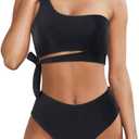 MOOSLOVER Women One Shoulder High Waisted Bikini Tie High Cut Two Piece Swimsuits (Medium, Black)