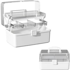 12.9in Three-Layer Multipurpose Storage Box with Handle Portable Tackle Box Folding Art & Craft Case Sewing Supplies Organizer for Makeup, Medicine, Nail, Hair Accessories (White)