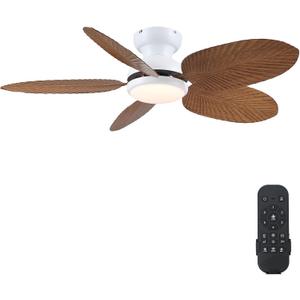 Ceiling Fans with Lights and Remote/APP Control, 45 Inch Low Profile Tropical Ceiling Fan for Living Room Bedroom, Outdoor Flush Mount Palm Leaf Ceiling Fan for Patios Porch, Wood Grain