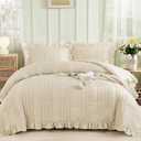 WONGS BEDDING Beige Textured Comforter Set King,3 Pieces Ruffle Farmhouse Shabby Chic Comforter for Queen Bed,Soft Seersucker Boho Bedding Set with 1 Ruffle Comforter,2 Tufted Pillowcases 104"90"