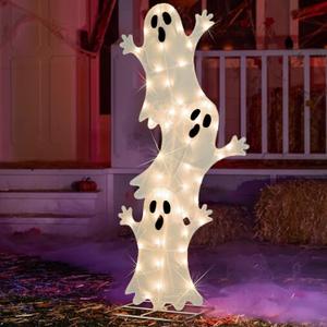 Halloween Lighted Stacked Ghosts Decoration, Pre-Lit with 50 Warm White Lights Spooky Ghosts Lights, Halloween Light Up Ghost for Indoor, Outdoor, Porch, Yard, 42’’ H