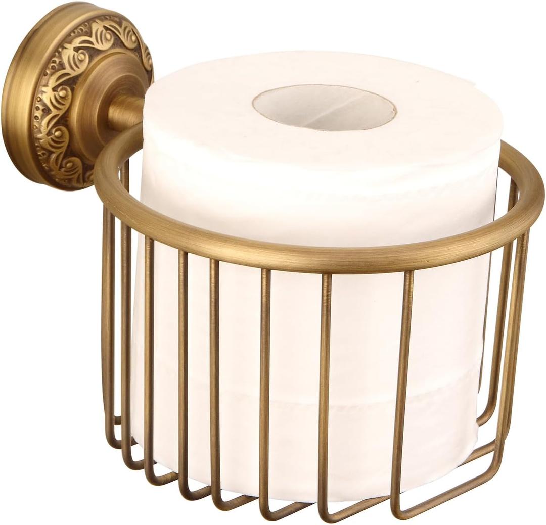 Vintage Wall-Mounted Toilet Paper Holder with Wire Basket Design, Antique Brass, Wall-Mounted Bath Hand Towel Holder with Braiding Carvings, Vintage Style. (Gold Carved Hanging Basket)