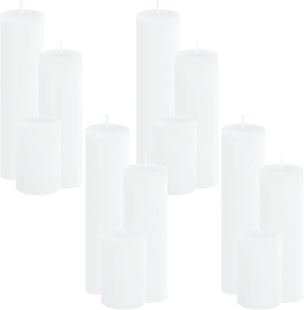 12-Pack White Unscented Pillar Candle Set - 2x3, 2x6, 2x8-inch Long-Burning Drip-Free Tapers, 4 Per Size. Ideal for Home Decor, Weddings, Emergencies, and Holidays.