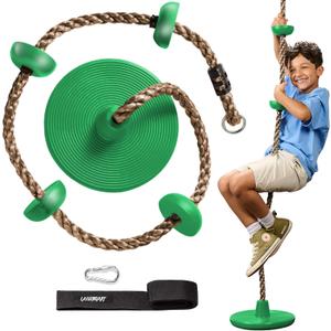 LAEGENDARY Climbing Rope Tree Swing with Platforms and Disc Swings Seat - Playground Swingset Accessories Outdoor for Kids - Tire Saucer Swing Outside Playset Toys - Carabiner and 2.6 Ft Tree Strap