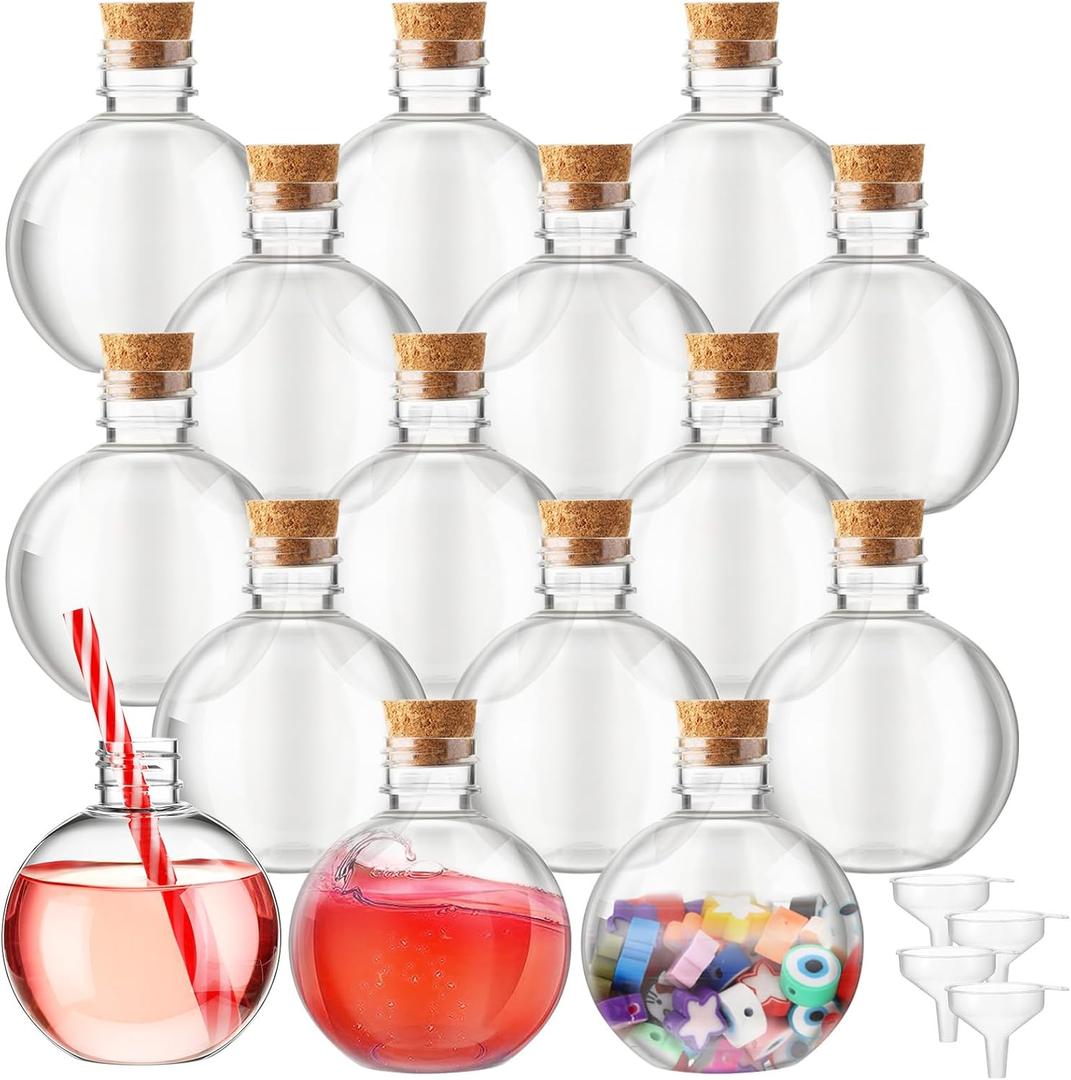 Jinei 15 Packs 8 oz Ball Shape Plastic Sand Art Bottles with Lids Spherical Clear Potion Bottles with Funnel Christmas Cocktail Ornament Candy Jar for DIY Birthday Party(Wooden Cork,Wood Color)