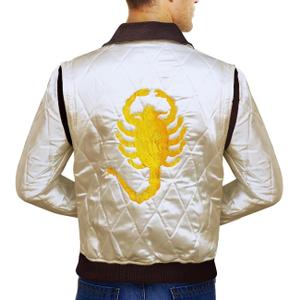 Mens Quilted Satin Ivory White Golden Embroidery Bomber Jacket (Medium)