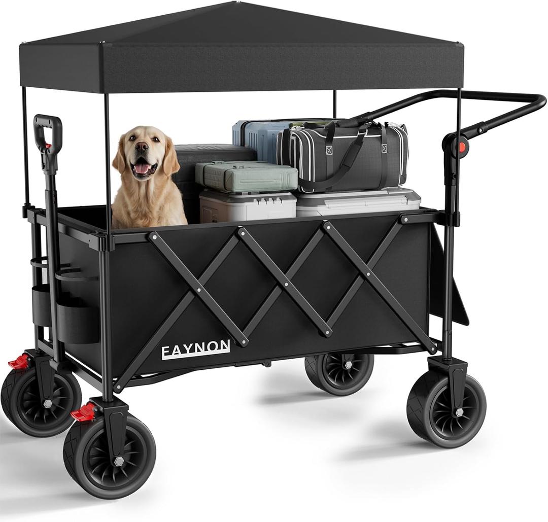 3 in 1 Collapsible Wagon with 300lbs Weight Capacity,150L Heavy Duty Utility Cart with Removable Canopy,with Big All-Terrain Beach Wheels & Drink Holders,Black