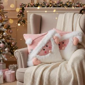 2 Pcs Pink Christmas Pillow Covers 18"x18" Pink Santa Claus Christmas Decorations Pillowcase Santa Holiday Seasonal Pillow Cases Winter Indoor Decoration for Bed and Sofa